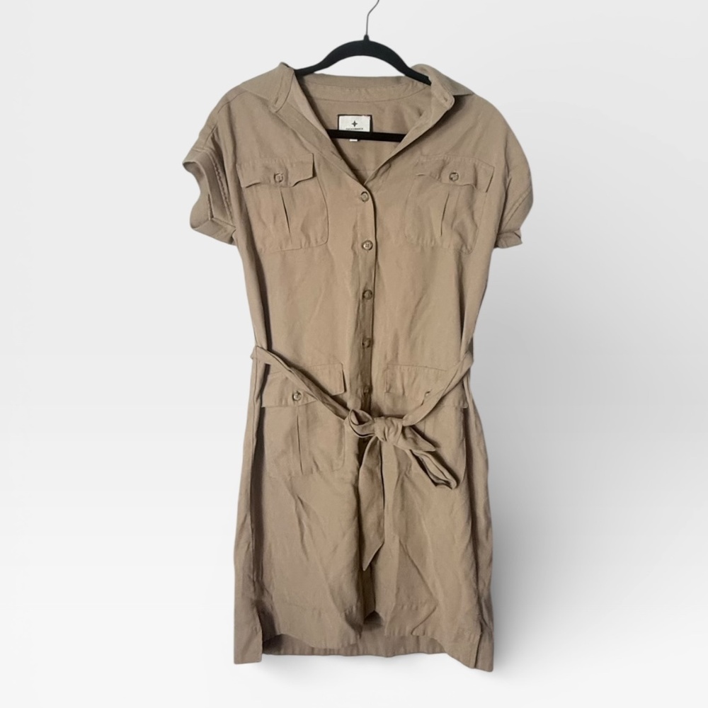 Tuckernuck Khaki Hugo Tan Shirt Dress Mini Short Sleeve Utility Size XS (A) - Picture 3 of 8
